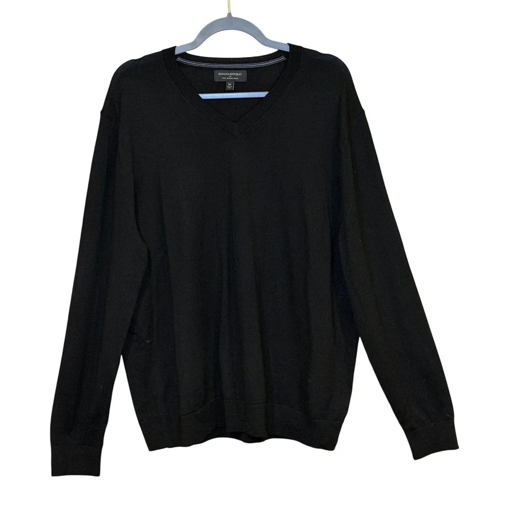 Banana Republic Mens Black 100% Merino Wool V‎ Neck Long Sleeve Sweater XL